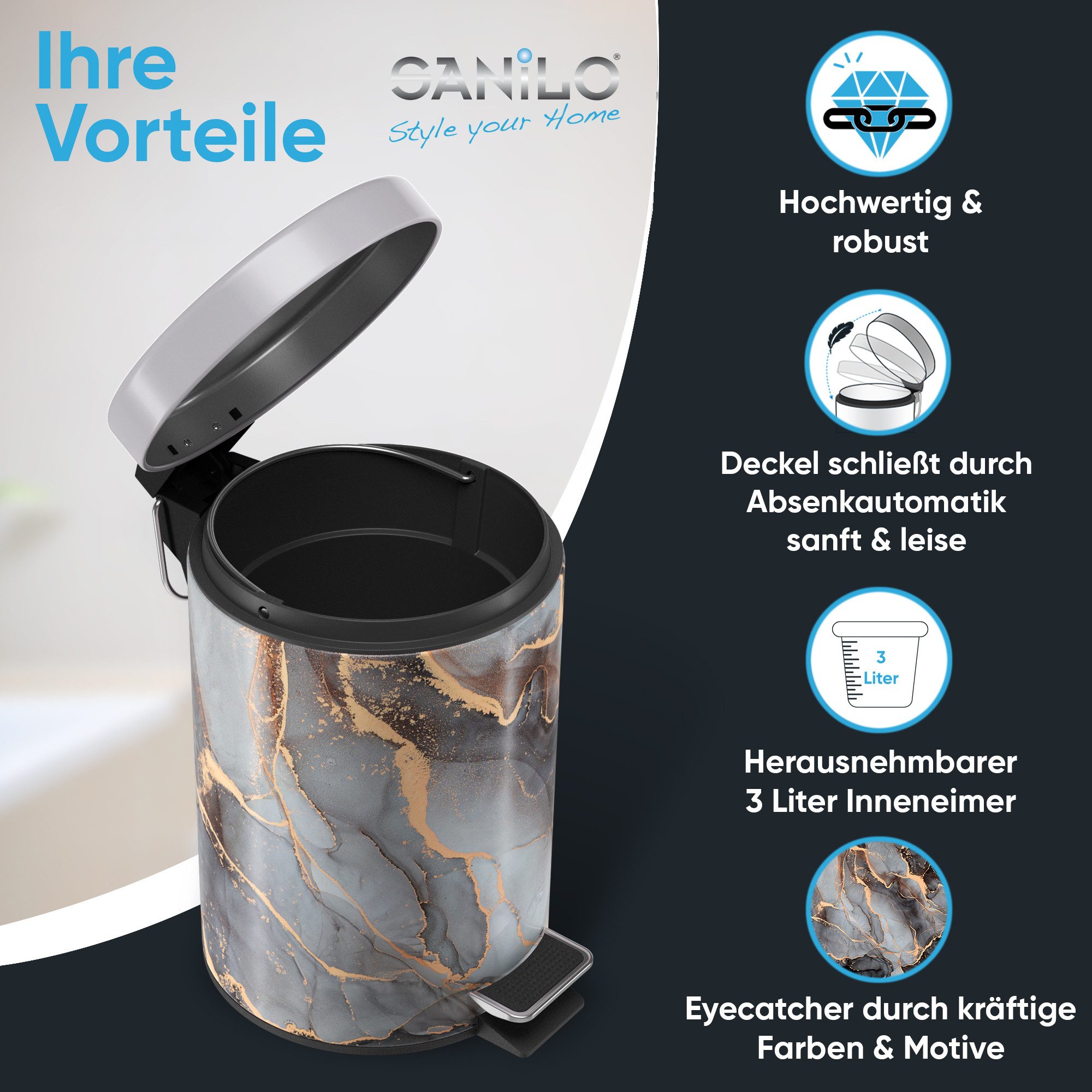 Sanilo Kosmetikeimer mit Motiv, viele schöne Bad Mülleimer zur Auswahl, 3 Liter, Abfalleimer mit Absenkautomatik & Innenbehälter
