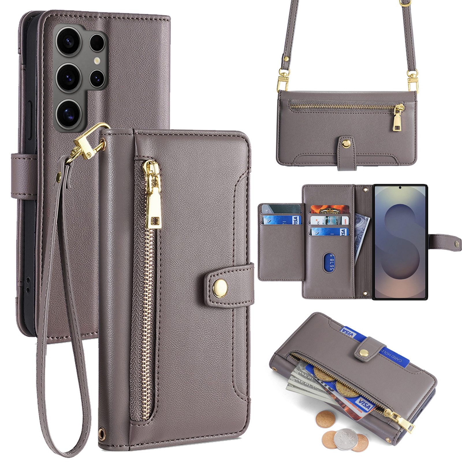betterfon Handykette für Samsung Galaxy S25 Ultra mit Band Kartenfächer PU Leder Grau, Hände frei – mit Silikonhülle & Schnur für flexiblen Alltag