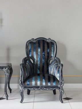 Casa Padrino Sessel Luxus Barock Wohnzimmer Sessel Grau / Blau / Grau 80 x 80 x H. 116 cm - Edler Massivholz Sessel mit Streifen - Barockstil Wohnzimmer Möbel