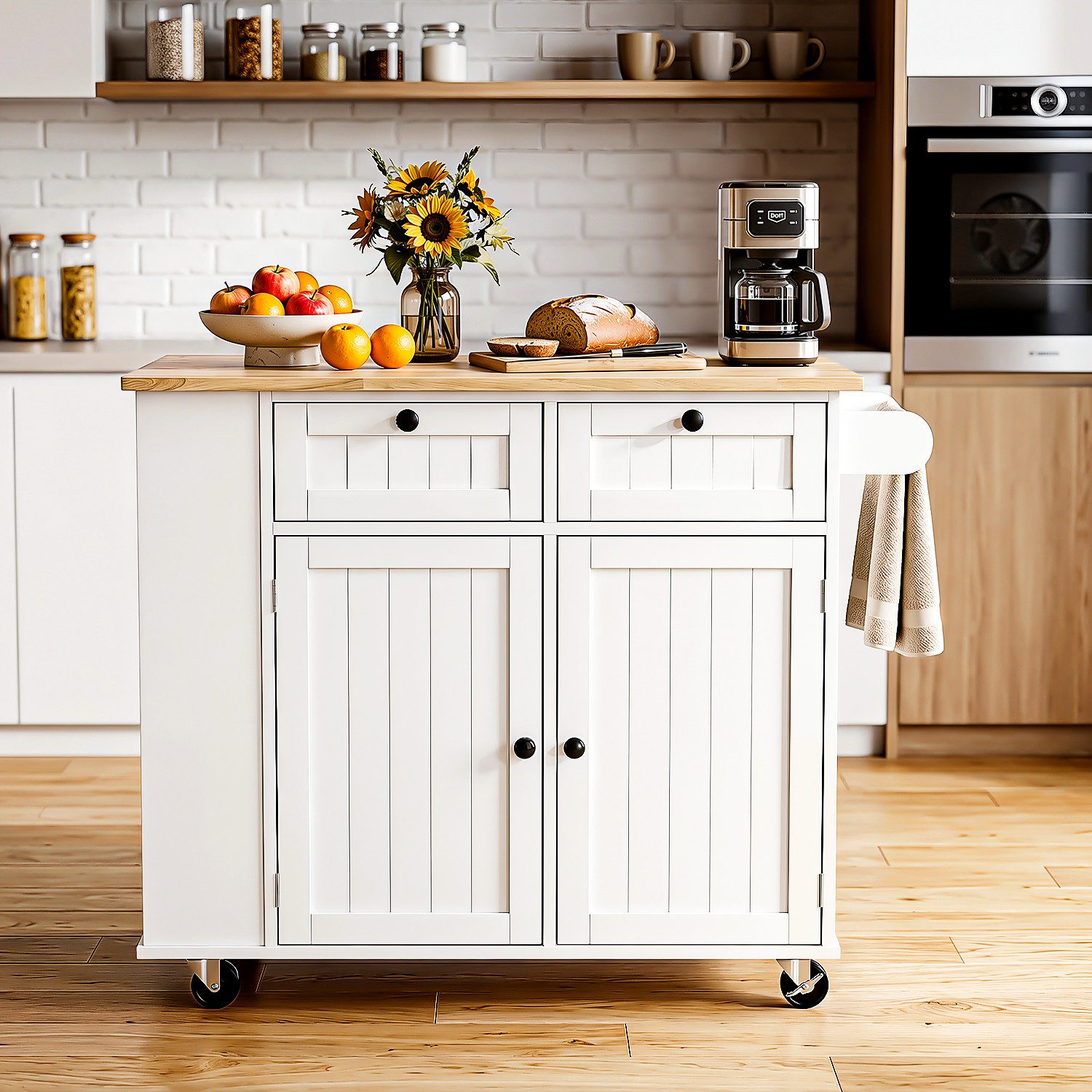 oyajia Küchenwagen Kücheninsel mit erweiterbare Arbeitsplatte, Sideboard freistehend, (Servierwagen mit Rollen, verstellbare Ablagen, 101x 44/ 74 x 87 cm), mit Schubladen & Gewürzregal