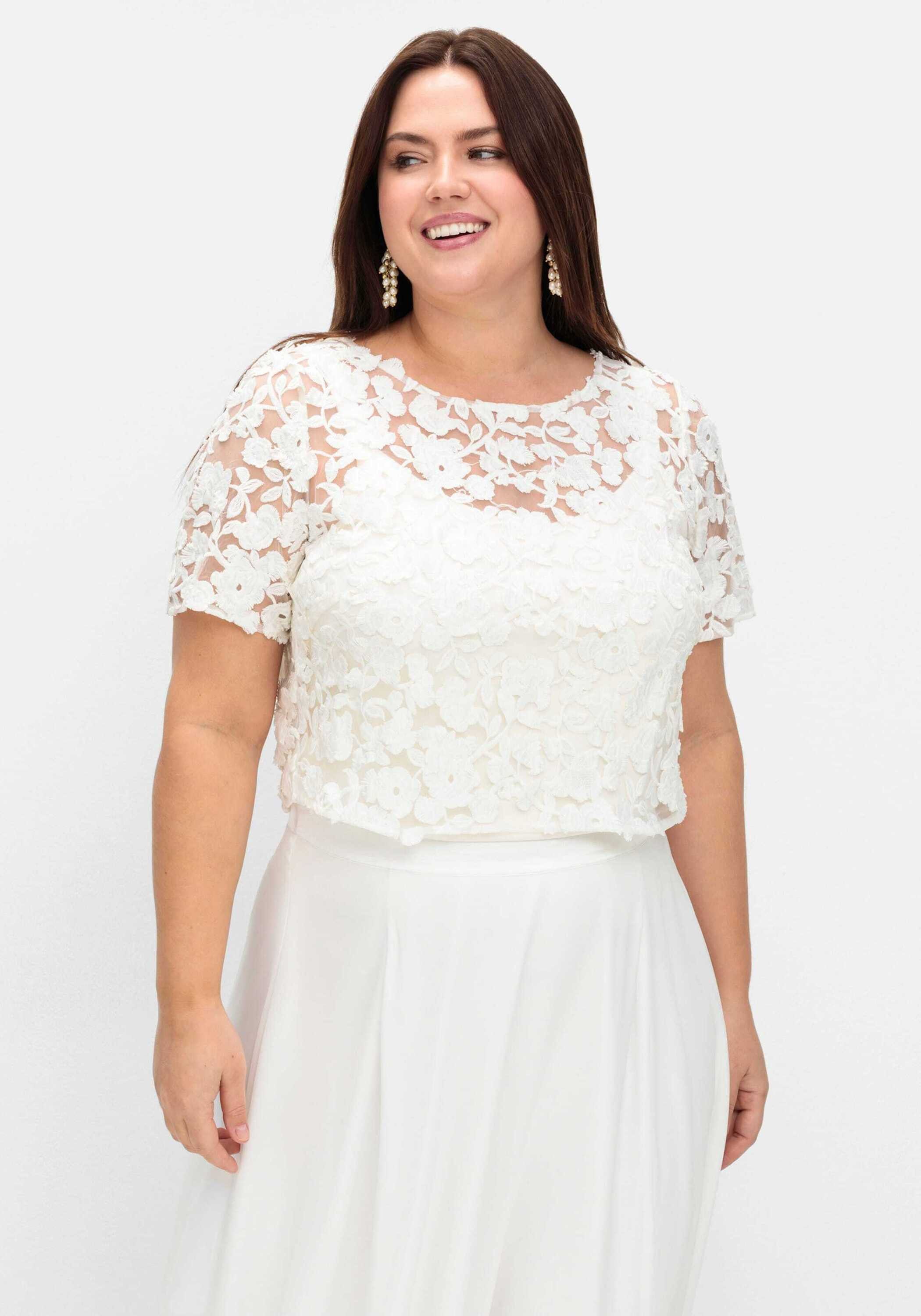 Sheego T-Shirt Shirttunika Kurzarm aus floraler Spitze, im Rücken offen