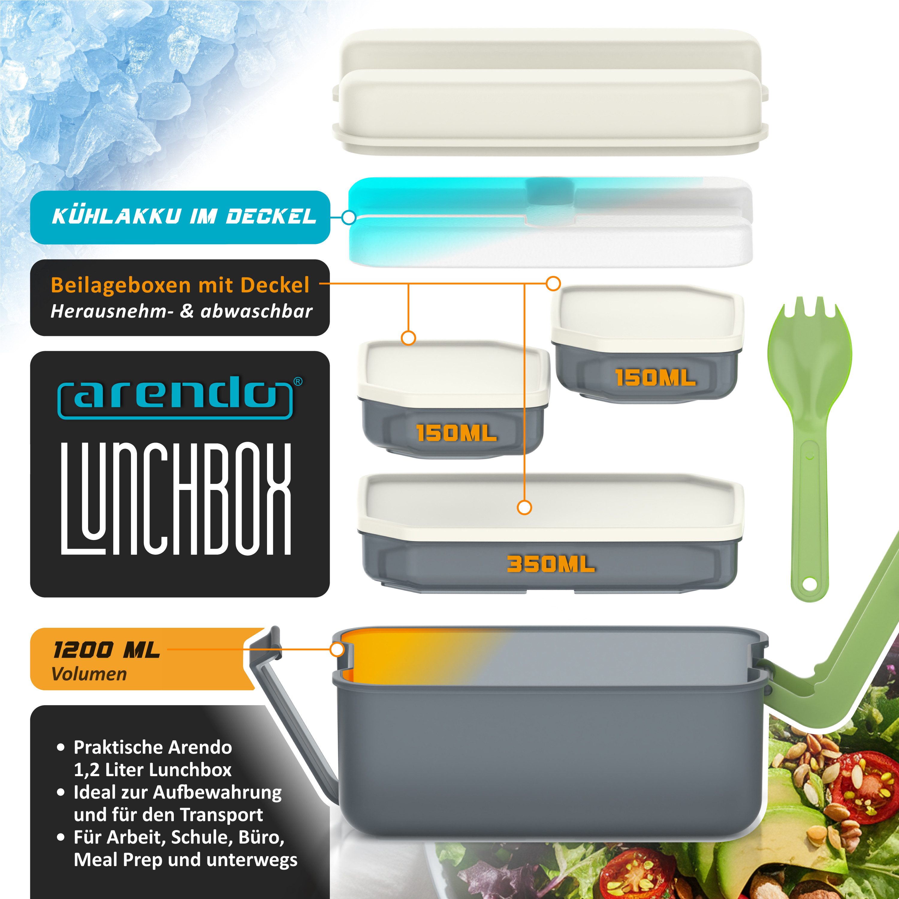 Arendo Lunchbox Lunchbox 1,2 l mit Kühlakku, luftdichte Brotdose, 3 Innenboxen & Spork, Kunststoff, (1-tlg., 2 Trennstege, 2 Silikondichtungen), Klickverschluss, 2x 150 ml + 1x 350 ml Dosen, spülmaschinengeeignet