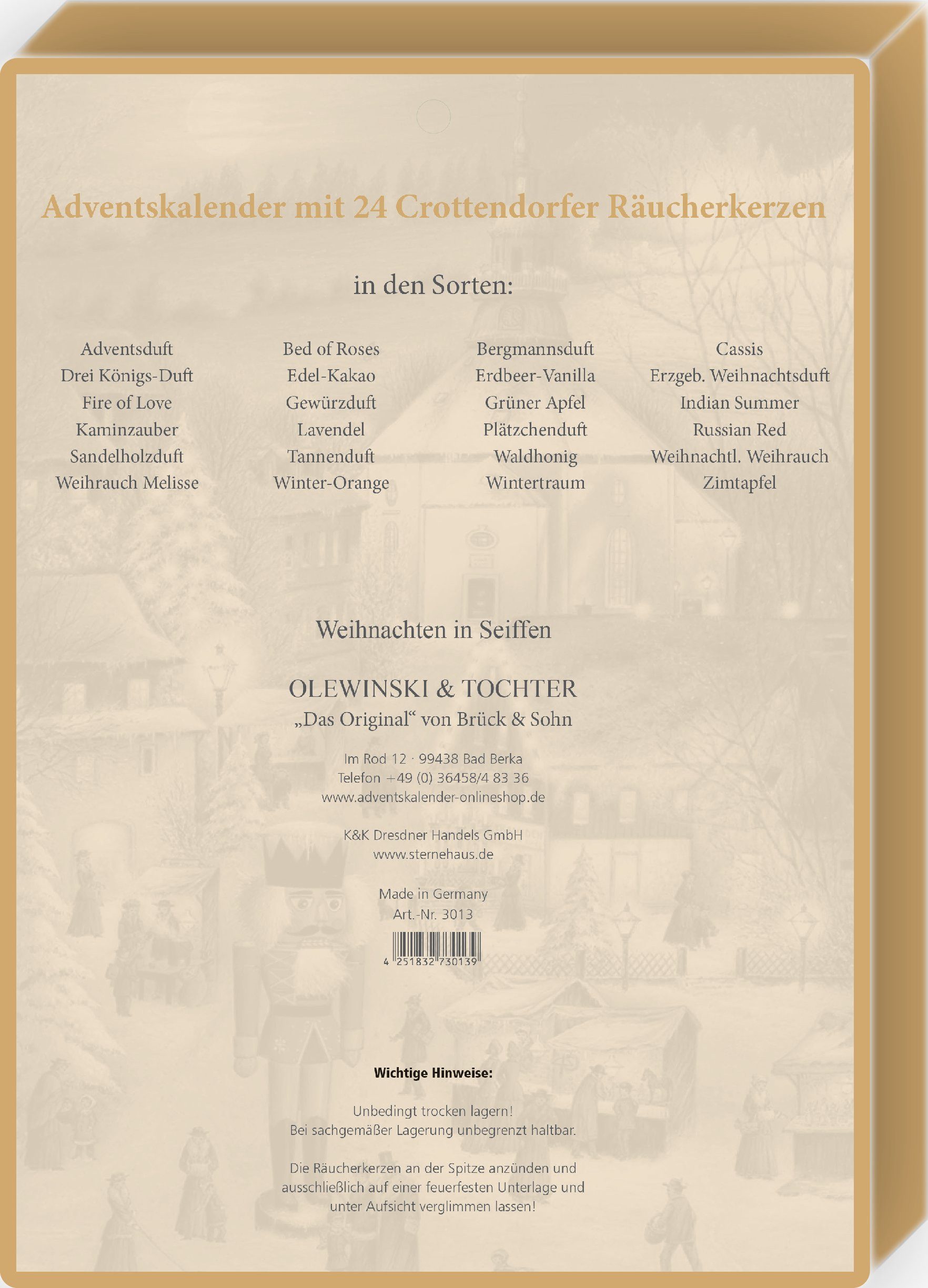 Olewinski & Tochter Adventskalender Räucherkerzen-Adventskalender, Motiv: Seiffen, Original Crottendorfer Räucherkerzen