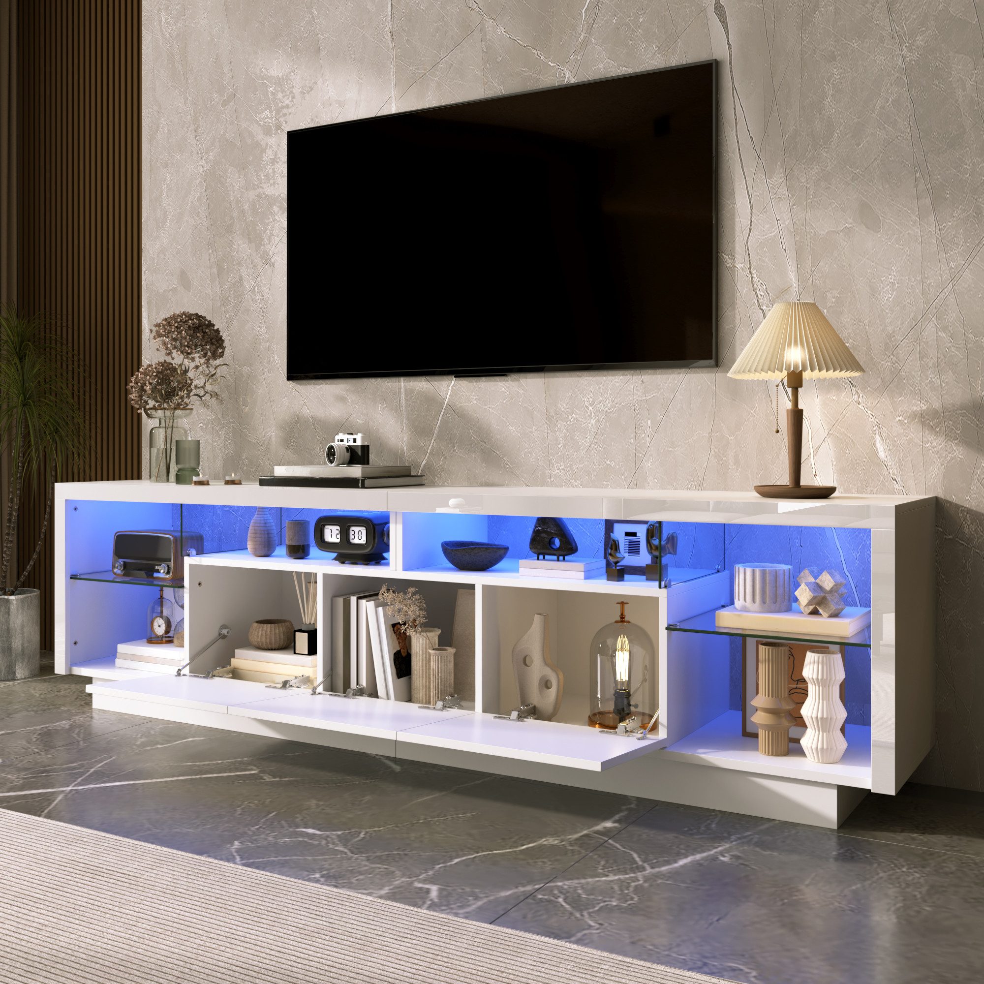 STILVORA Lowboard Moderner TV-Schrank mit LED TV-Regal mit Glasfächern (TV-Möbel mit kombiniertem Stauraum, 3 Türen, LED-Licht, Hochglanzfront), für Wohnzimmer, Wohnbereich, Multimedia-Bereich