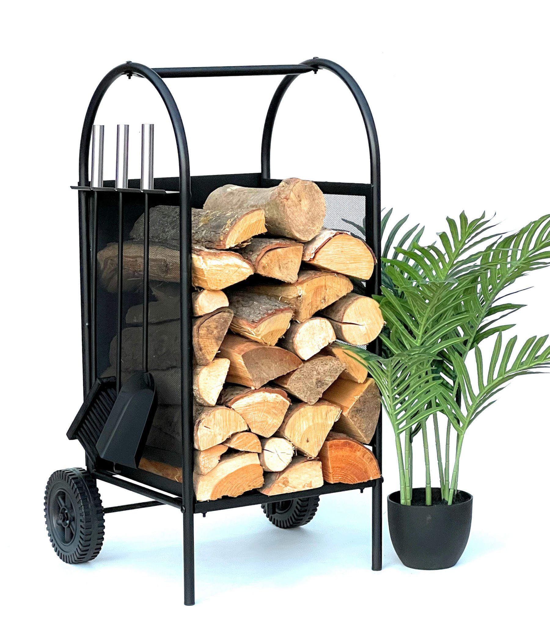 DanDiBo Kaminholzregal Innen Metall Schwarz Kaminholzständer mit Kaminbesteck, Kaminholzwagen Holzkorb Kaminholzhalter Holzregal Mit Rückwand
