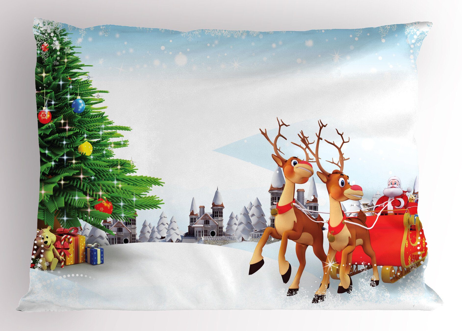 Kissenbezüge Dekorativer Standard King Size Gedruckter Kissenbezug, Abakuhaus (1 Stück), Weihnachtsmann Snowy Dorf Sleigh Baum