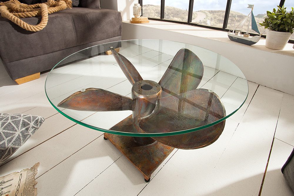 riess-ambiente Couchtisch OCEAN M Ø60cm transparent / kupfer geflammt (Einzelartikel, 1-St), Wohnzimmer · Glasplatte · rund · Maritim · Schiffsschraube · Metall