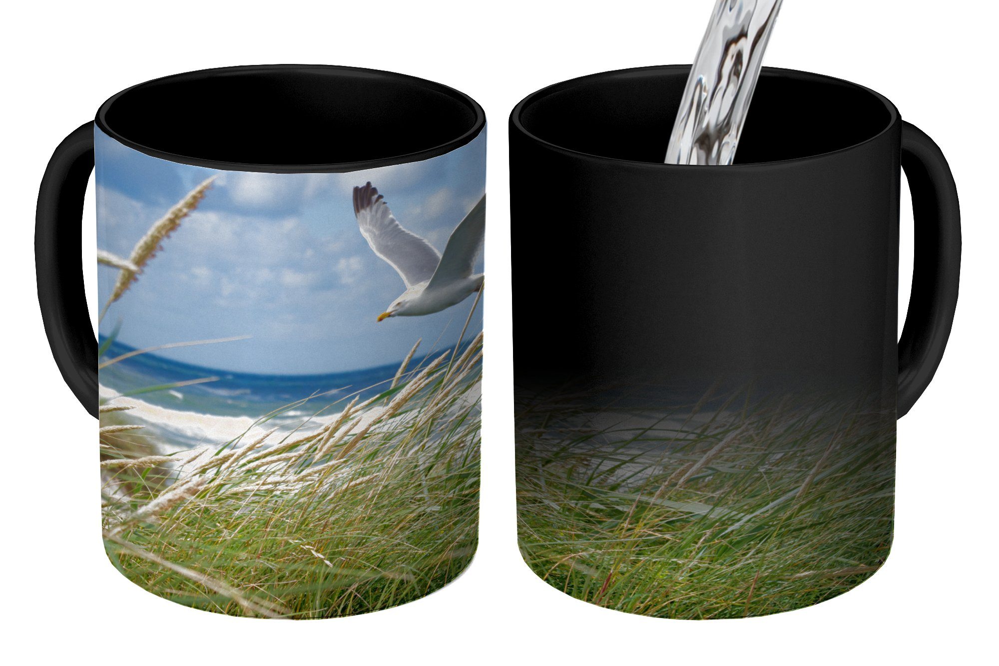 MuchoWow Tasse Strand - Schilf Kaffeetassen, - Farbwechsel, Teetasse, Geschenk Vogel, Keramik, Zaubertasse