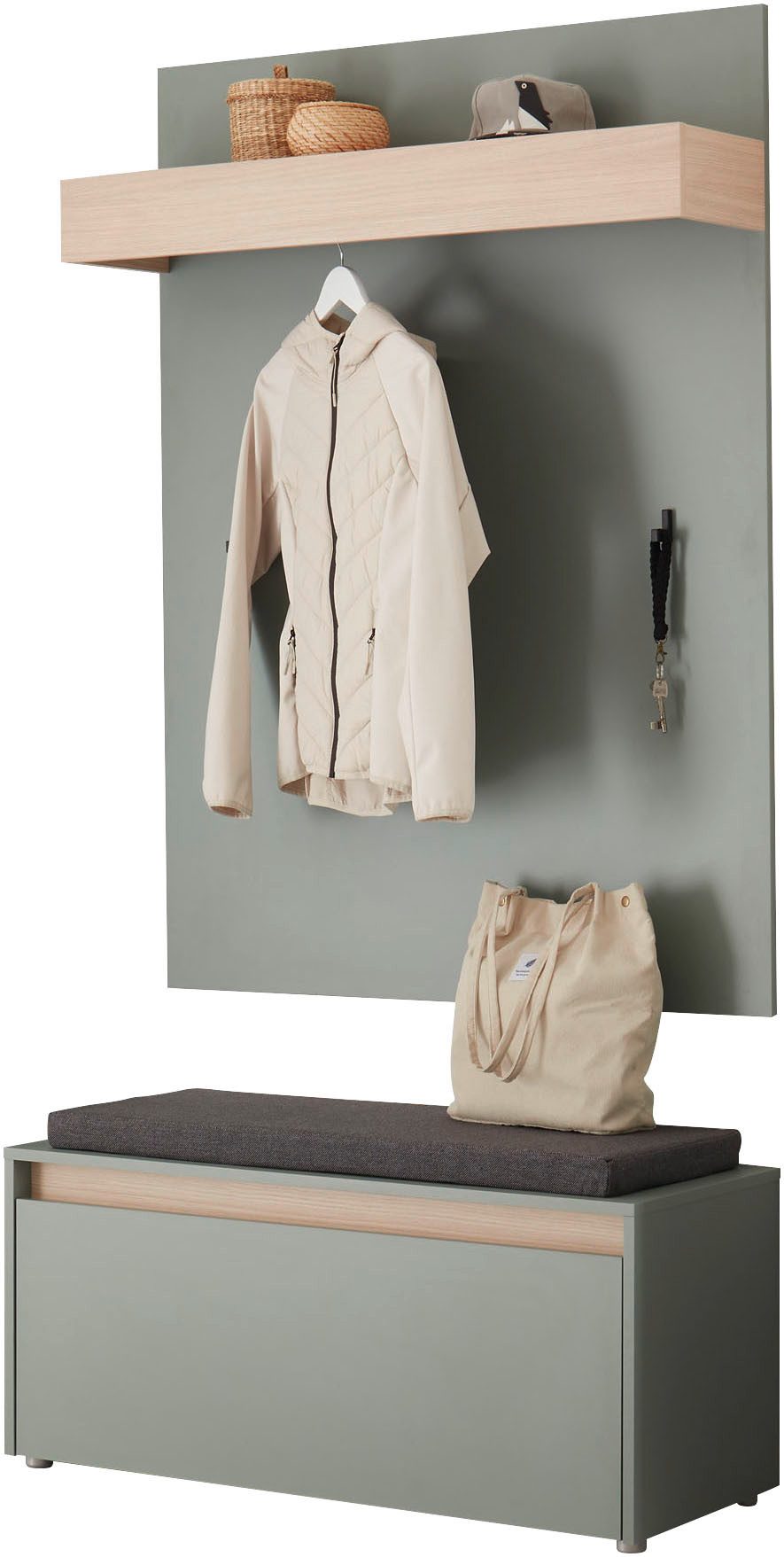 Home affaire Garderoben-Set GIRON/CiTY, moderne Garderobe, Komplettset mit viel Stauraum, (Komplett-Set, 2-St), enthält Garderobenpaneel & Schuhbank inkl. Sitzkissen, 100 cm breit