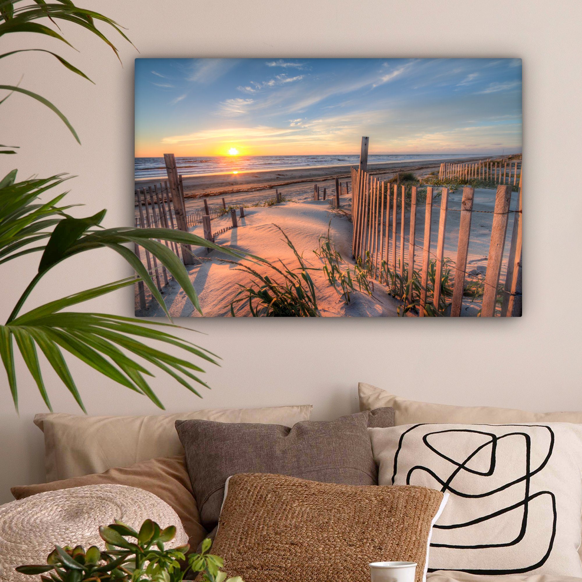 OneMillionCanvasses® Leinwandbild Strand - Meer - Düne - Sonnenuntergang - Landschaft, Fotodruck (1 St), Leinwände Wanddeko Wohnzimmer Schlafzimmer 60x40 cm
