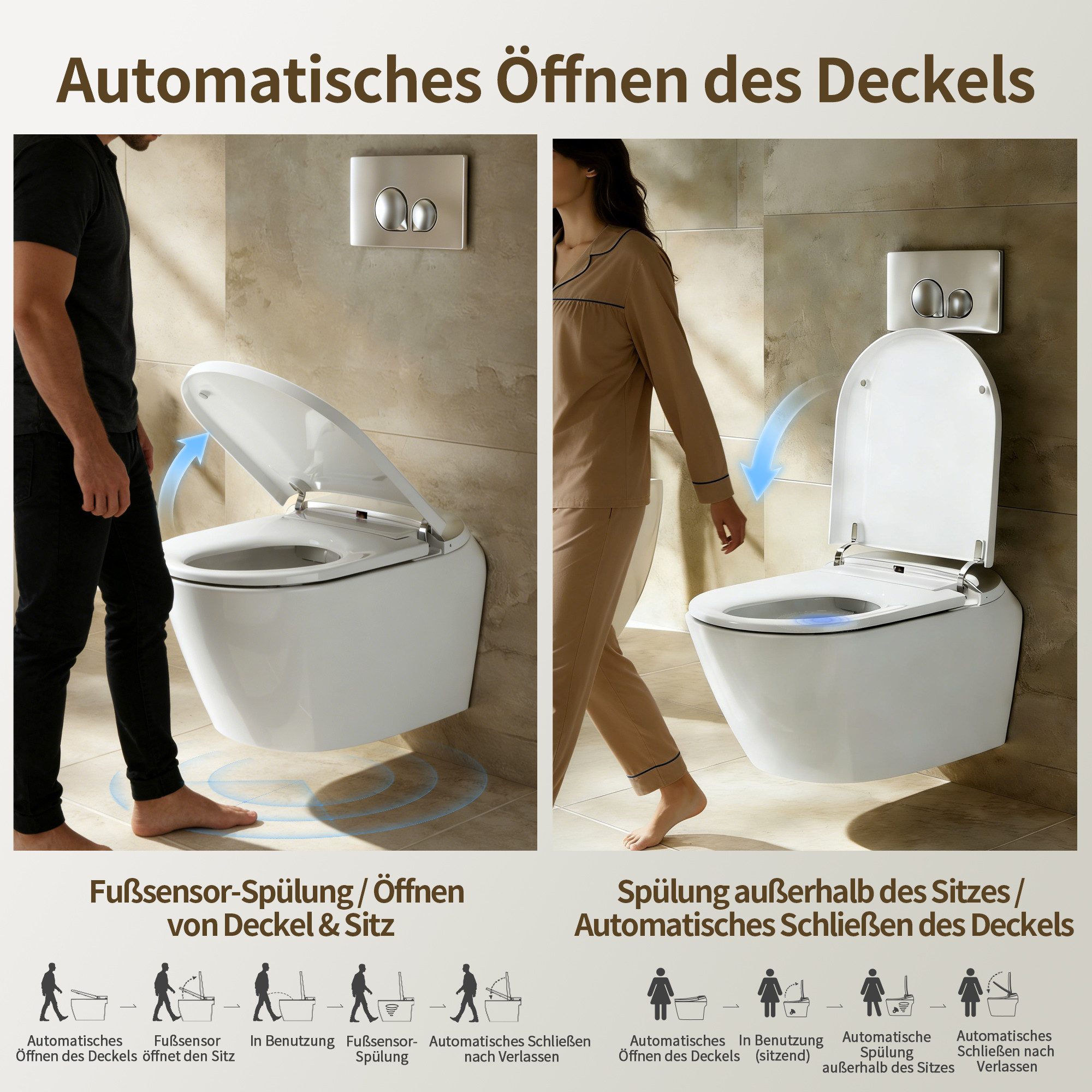 DeerValley Dusch-WC Japanische Toilette mit Bidet-Funktion (inkl. Vorwandelement), Wandhängend, Abgang Wasserabfluss nach hinten Automatischer Spülung, Set, mit Bidet-Funktion, Beheiztem Sitz, Selbstreinigender Düse