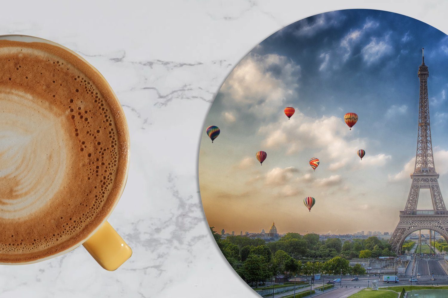 Paris, MuchoWow über im Eiffelturm für Hintergrund Gläser, Becher Der Tassenuntersetzer, Getränkeuntersetzer, 6-tlg., Zubehör Tasse, mit Heißluftballons Korkuntersetzer, Glasuntersetzer