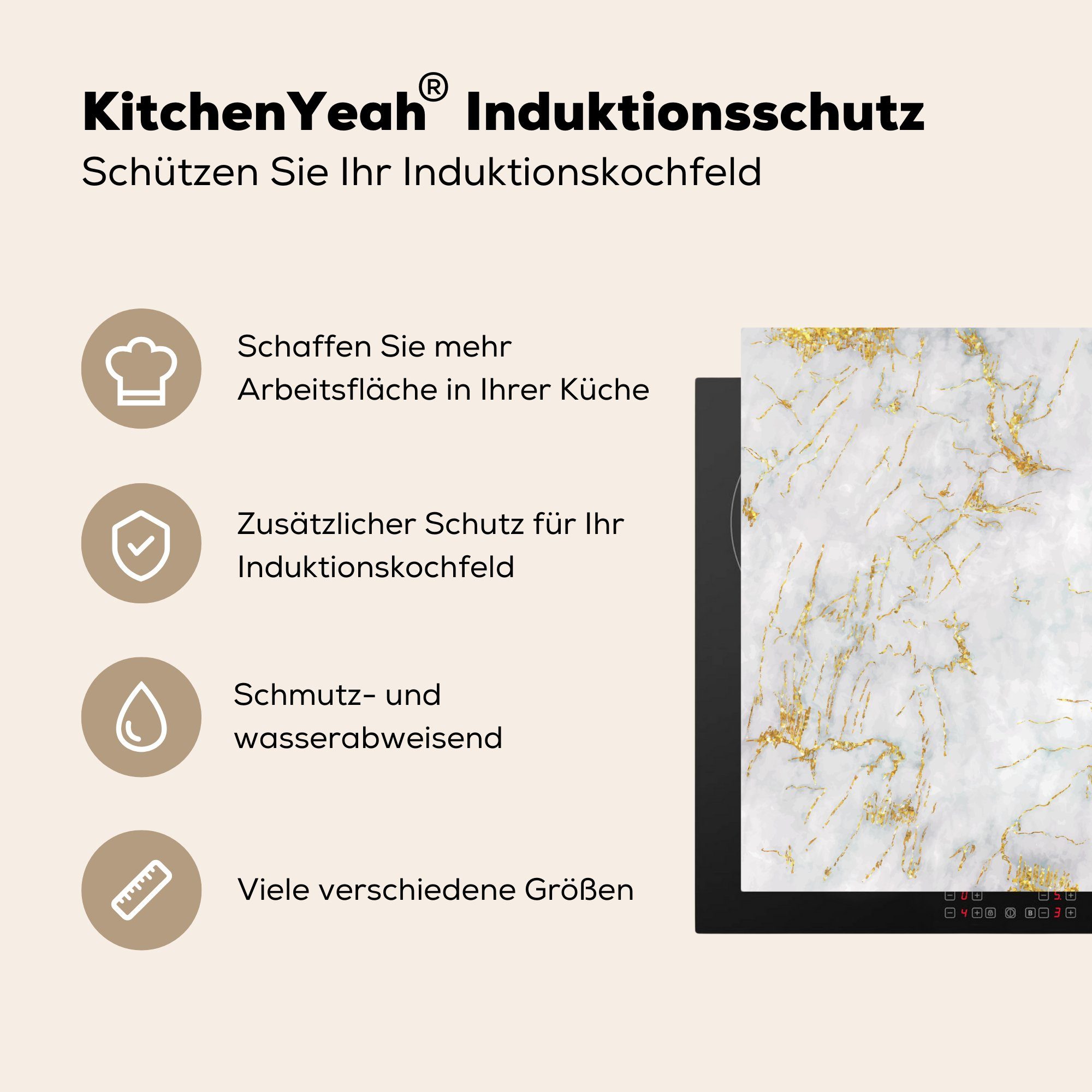 Gold tlg), MuchoWow 78x78 für Weiß, - küche cm, Arbeitsplatte Ceranfeldabdeckung, (1 Marmor - Vinyl, Herdblende-/Abdeckplatte