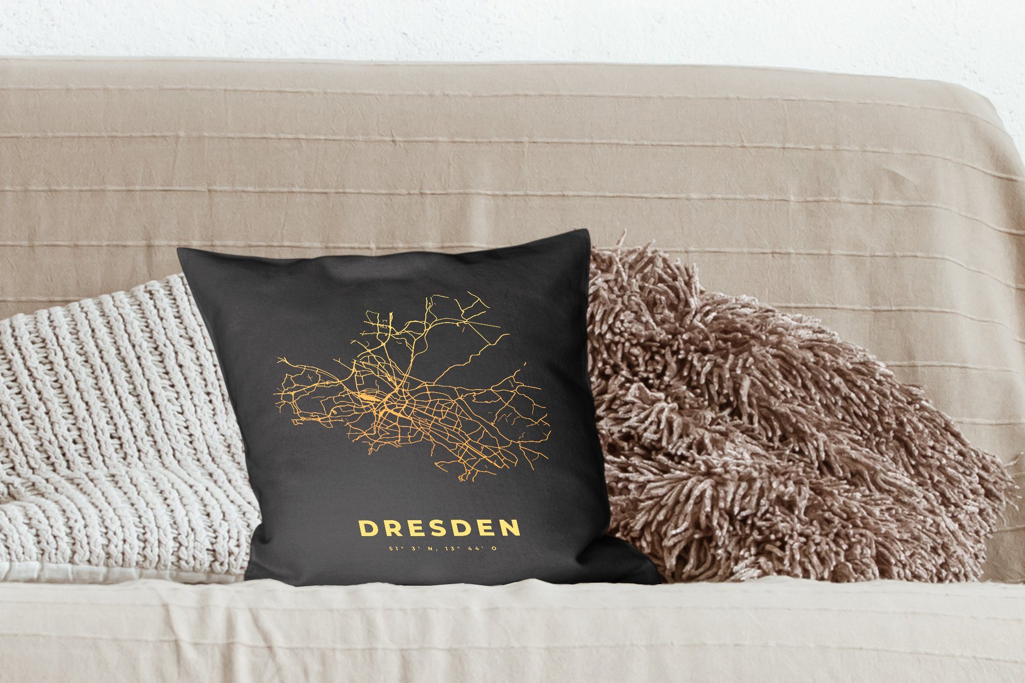 MuchoWow Karte Schlafzimmer, Gold Deko, - Wohzimmer, Stadtplan, - - mit Dekokissen Dresden Sofakissen für Zierkissen Füllung