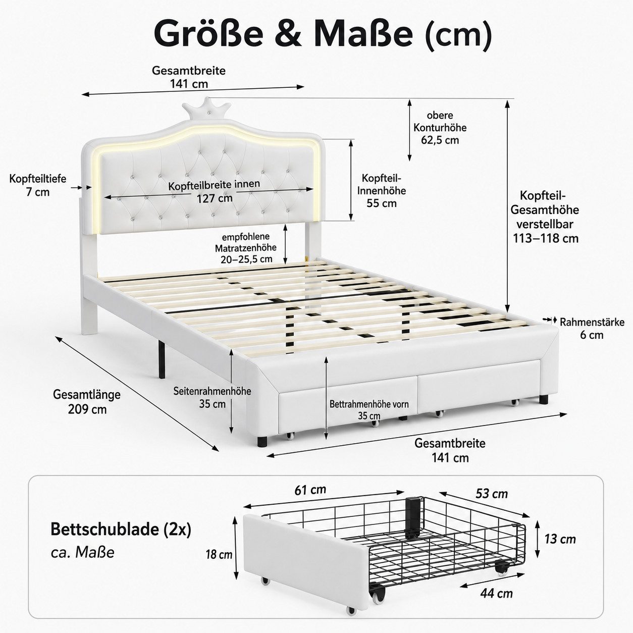 Simurq Kinderbett 140x200cm Polsterbett Für Mädchen Mit LED, Kronenform Und Schubladen (Set, Ohne Matratze), Prinzessinnenbett Gepolstertes Bett, PU, mit gepols – Bild 2 von 5