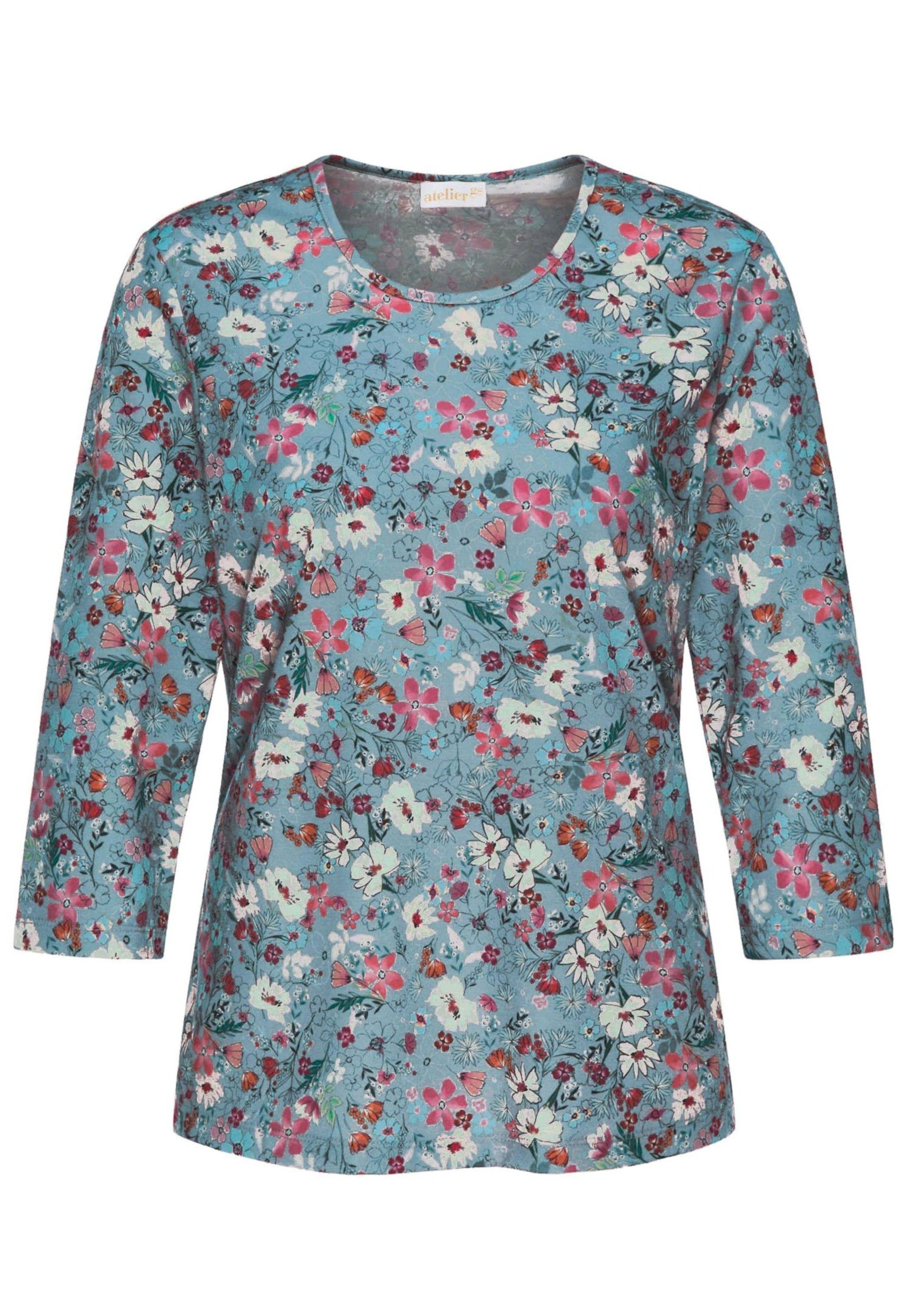 hellblau / bunt 3/4-Arm GOLDNER Druckshirt Print-Shirt mit Raffiniertes Kurzgröße: