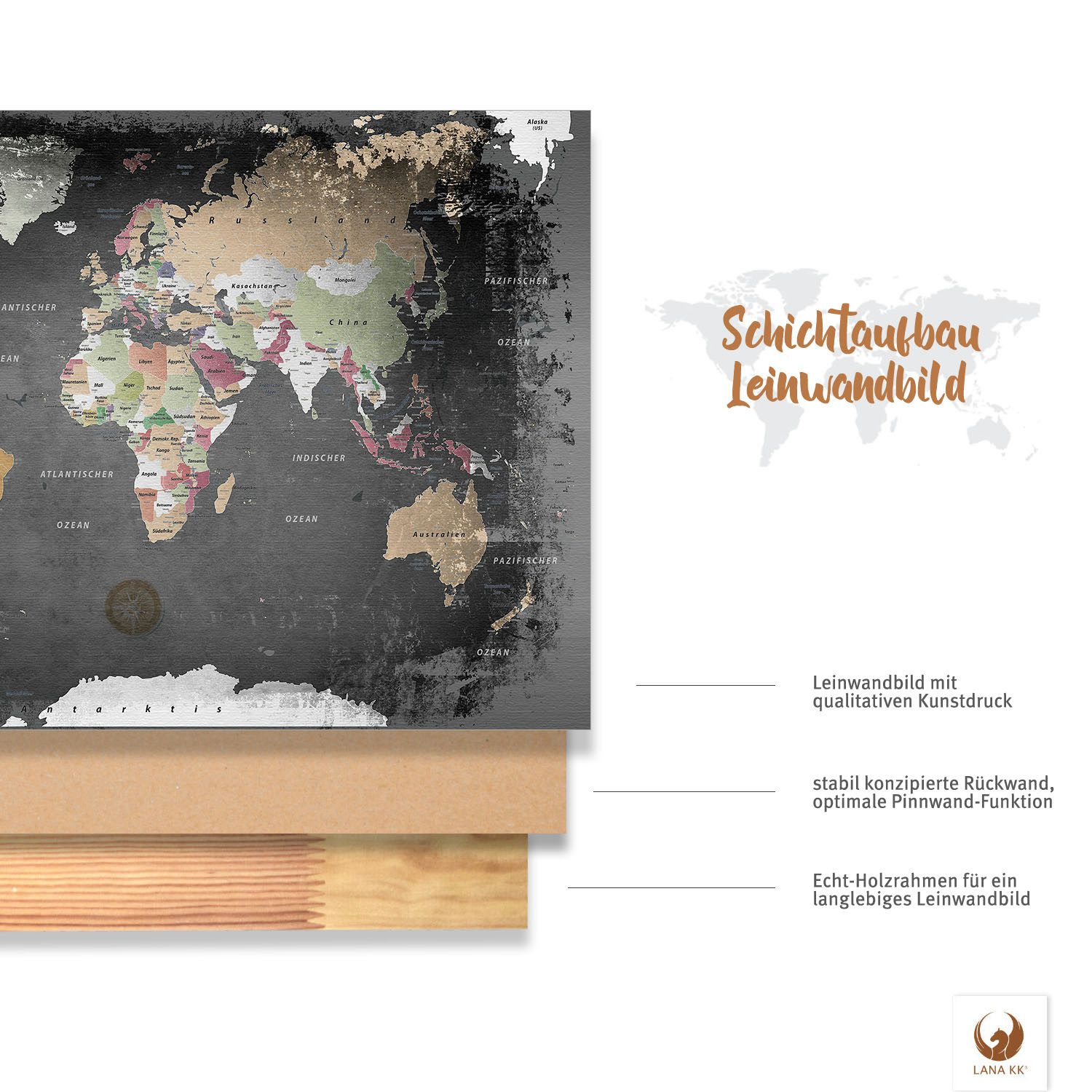 LANA KK Leinwandbild Weltkarte Pinnwand zum markieren von Reisezielen, deut günstig online kaufen