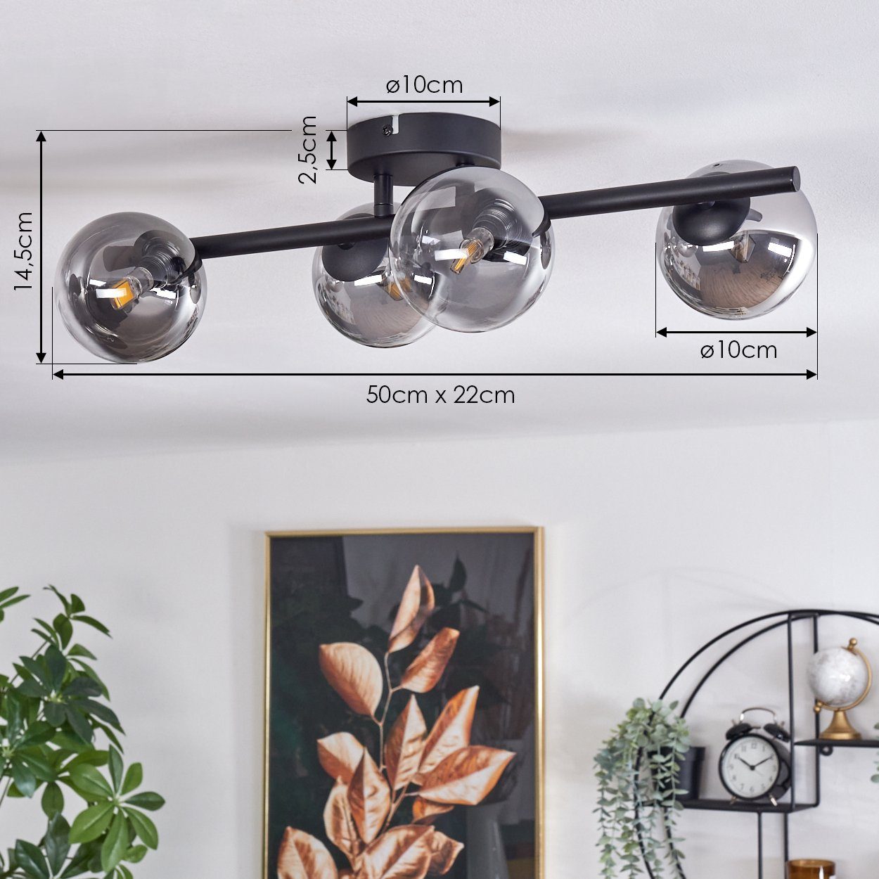 hofstein Deckenleuchte Deckenlampe aus Metall/Glas in Schwarz/Rauchfarben/Klar, ohne Leuchtmittel, Leuchte im Retro-Design aus Glas, 4 x G9 LED, ohne Leuchtmitt – Bild 4 von 5