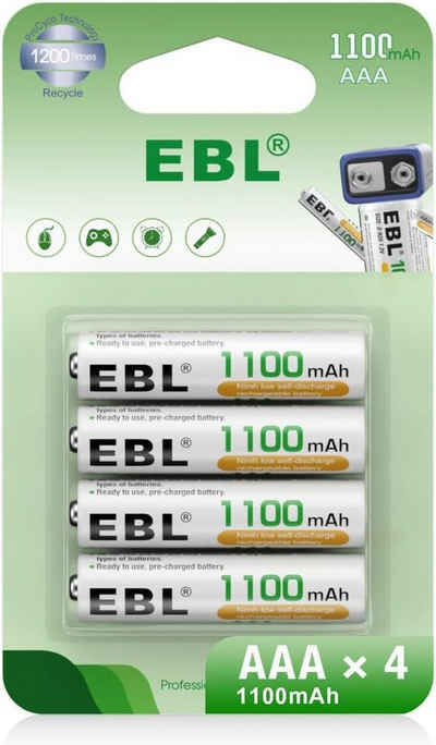 EBL AAA Akku 1100mAh mit hoher Kapazität, wiederaufladbar Batterien Akku (1,2 V, 4 St), 1.2V Micro AAA, 4er Pack