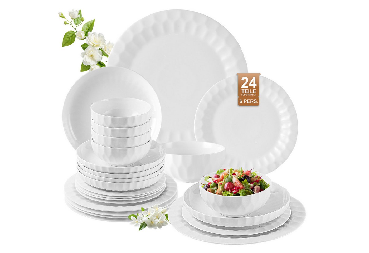 LB LICHTENBERG Tafelservice Geschirrset, Essservice Teller Set Porzellan, Weiß (24-tlg), 6 Personen, Keramik, Verschiedene Stile Geeignet für Spülmaschine & Mikrowelle