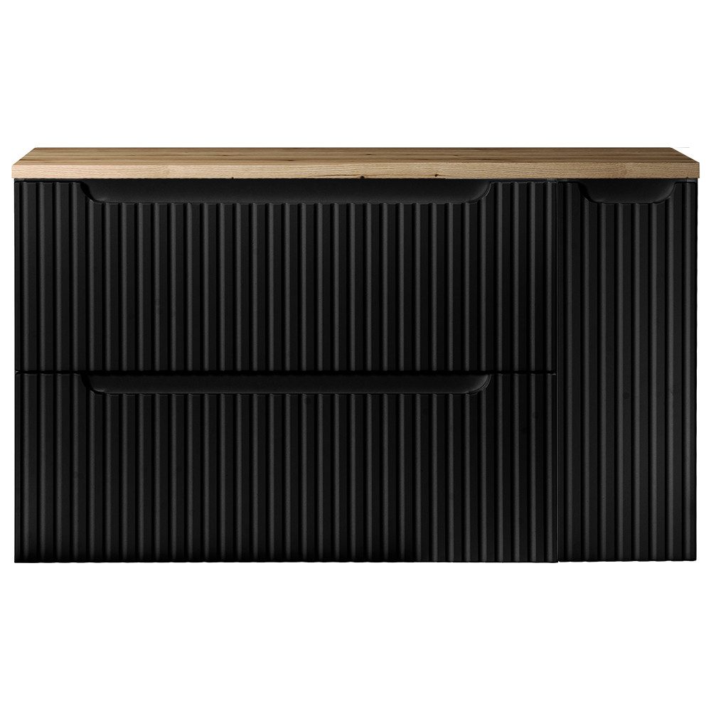 Lomadox Waschbeckenschrank NEWPORT-56-BLACK 100cm, in schwarz mit Eiche, gerillte Front, grifflos