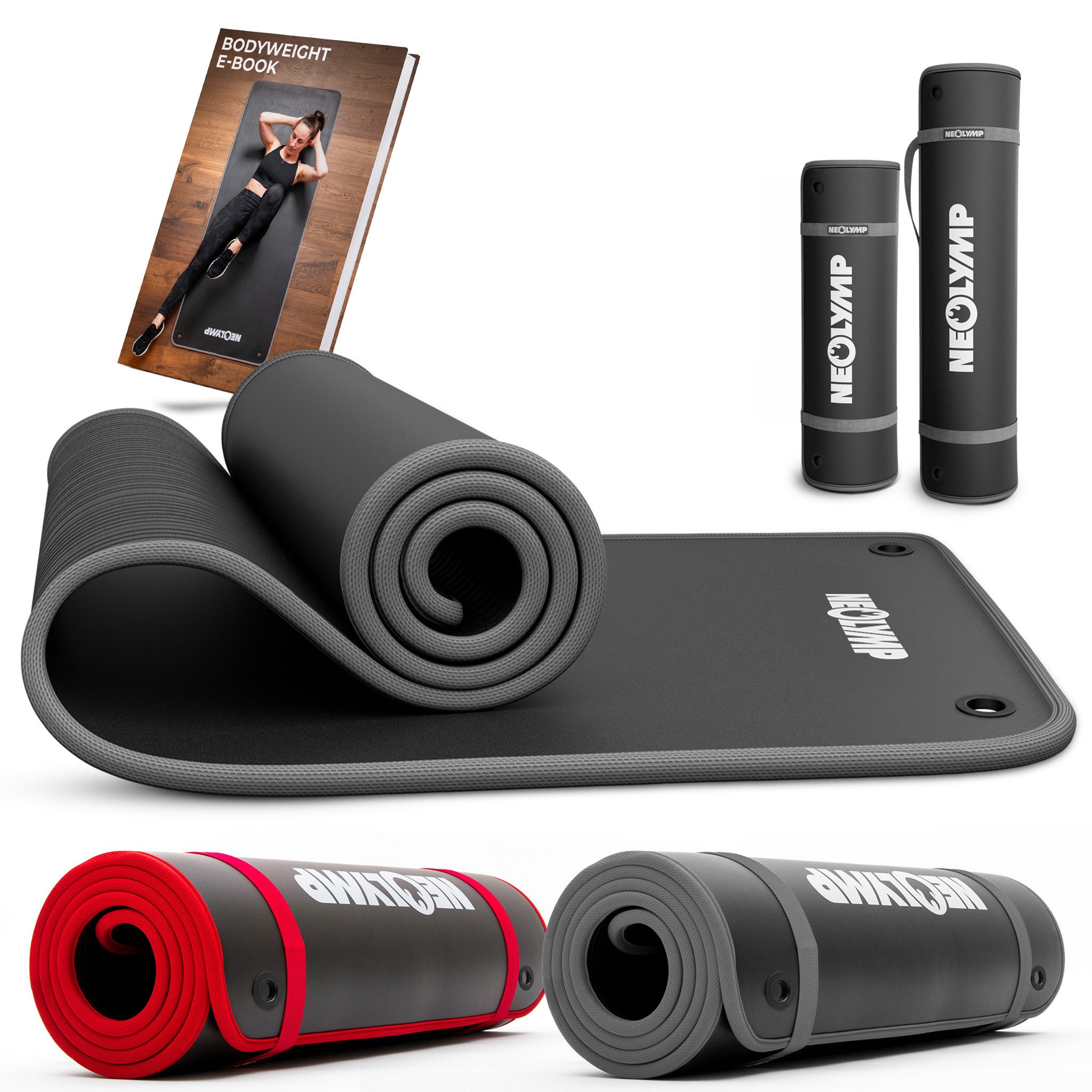NEOLYMP Fitnessmatte extra dicke Fitnessmatte rutschfest mit Aufhänge-Ösen (Fitnessmatte mit Aufhänge-Ösen inkl. Tragegurt & E-Book), Yogamatte inkl. Tragegurt & E-Book – Gymnastikmatte - Sportmatte