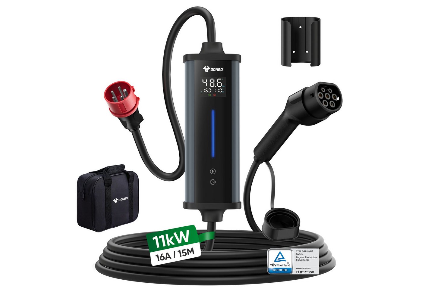 GONEO Elektroauto-Ladestation Typ 2 Ladekabel mit CEE Stecker, Mobile Wallbox, mobil 11kW / 16A, 3-phasig, Mit Fehlerstromschutz Temperaturüberwachung, Einstellbare Ladeleistung & Timer