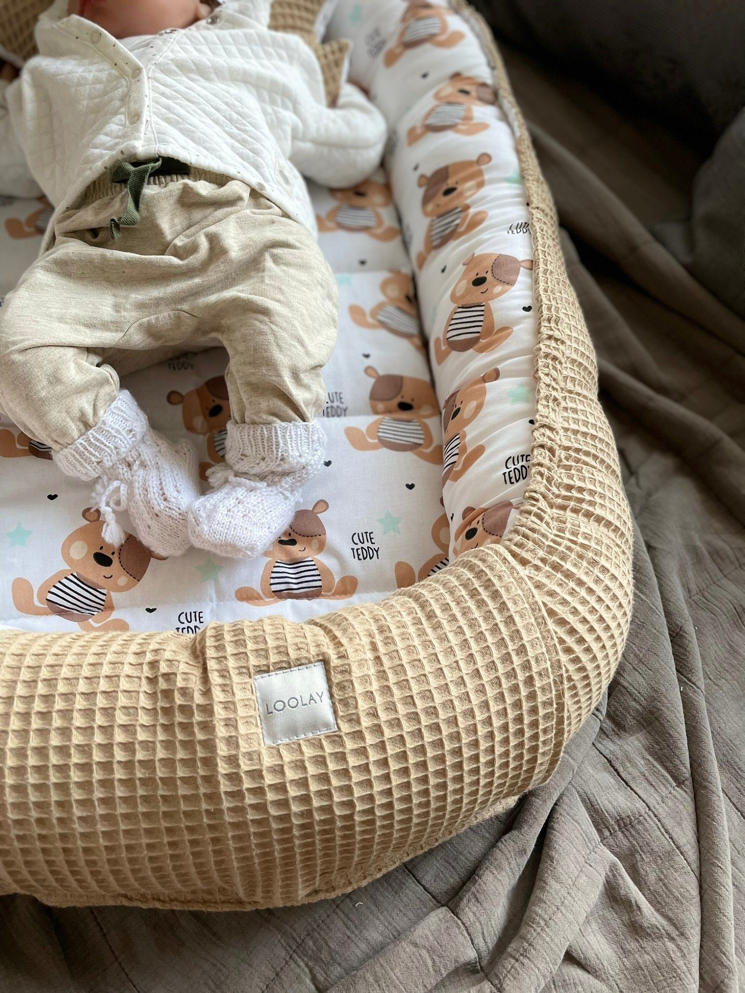 Bettnestchen TAUPE WAFFELPIQUE Braun TEDDY Baumwolle BABYNEST Babykokon Kokon