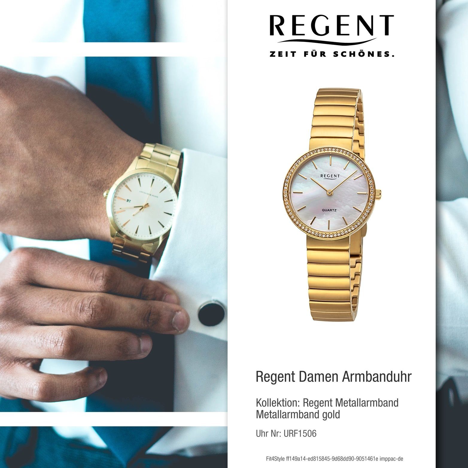Regent Quarzuhr Regent Damen Armbanduhr Damenuhr rundes Gehäuse, Metallarmband 30mm) gold, groß (ca. extra Analog