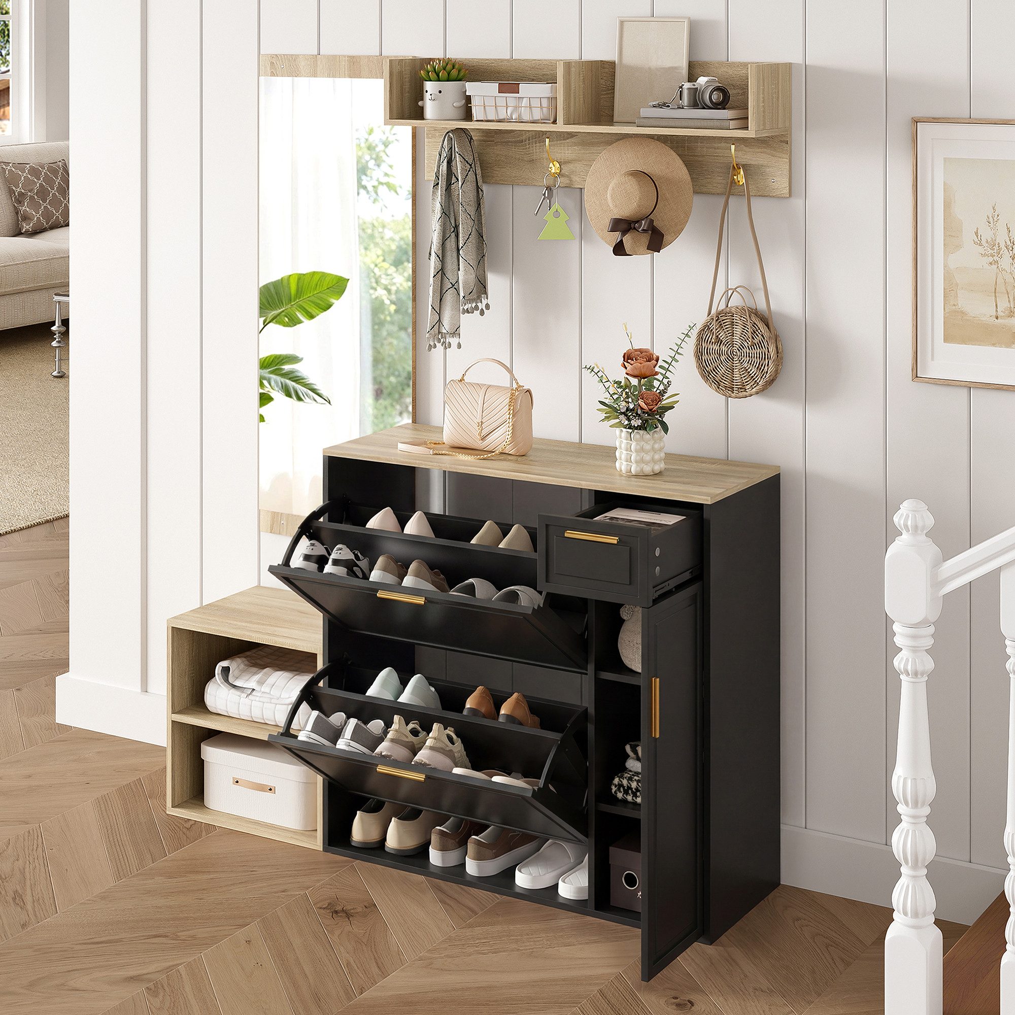 Flieks Garderoben-Set inkl. Schuhschrank, Sitzbank, Wandgarderobe/Wandregal & Spiegel, (Set, 4-St), Flurmöbel-Set Schuhkommode, Schuhbank, Paneel mit Haken und Ablagen