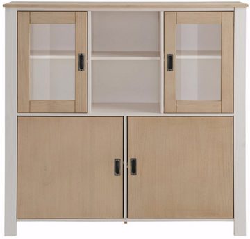 loft24 Highboard Shields, mit 2 Holztüren und 2 Glastüren, FSC®-zertifizierte Kiefer, Landhausstil