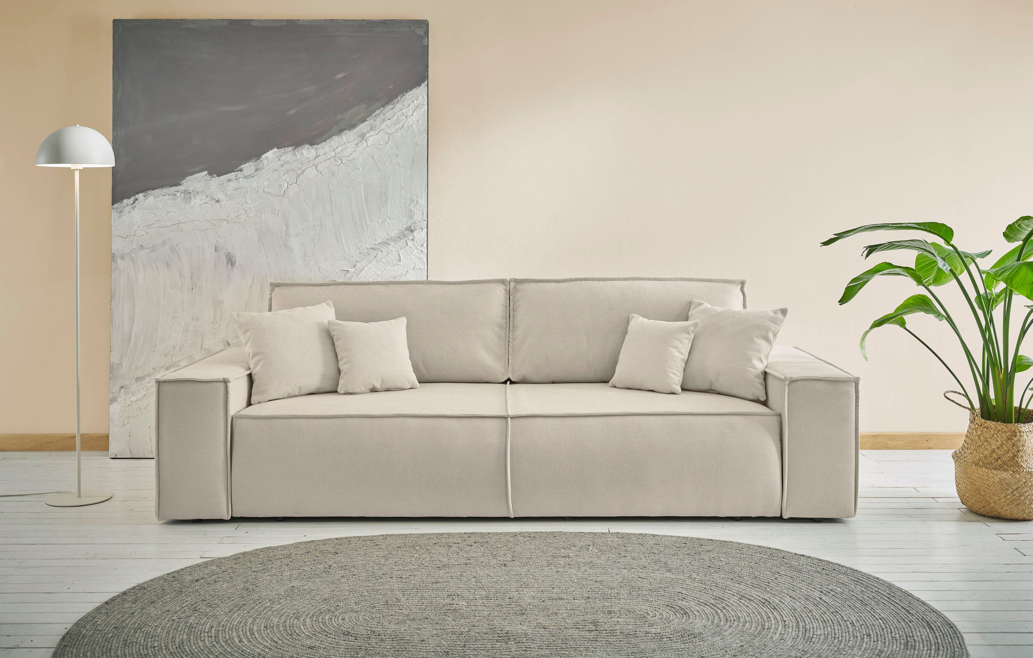 andas 3-Sitzer FINNLEY Schlafsofa 257 cm, Schlaffunktion mit Bettkasten (200/136cm), in Aqua Clean-Bouclé, Struktur fein u. Cord