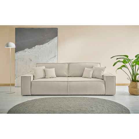 andas 3-Sitzer FINNLEY Schlafsofa 257 cm, Schlaffunktion mit Bettkasten (200/136cm), in Aqua Clean-Bouclé u. Struktur fein