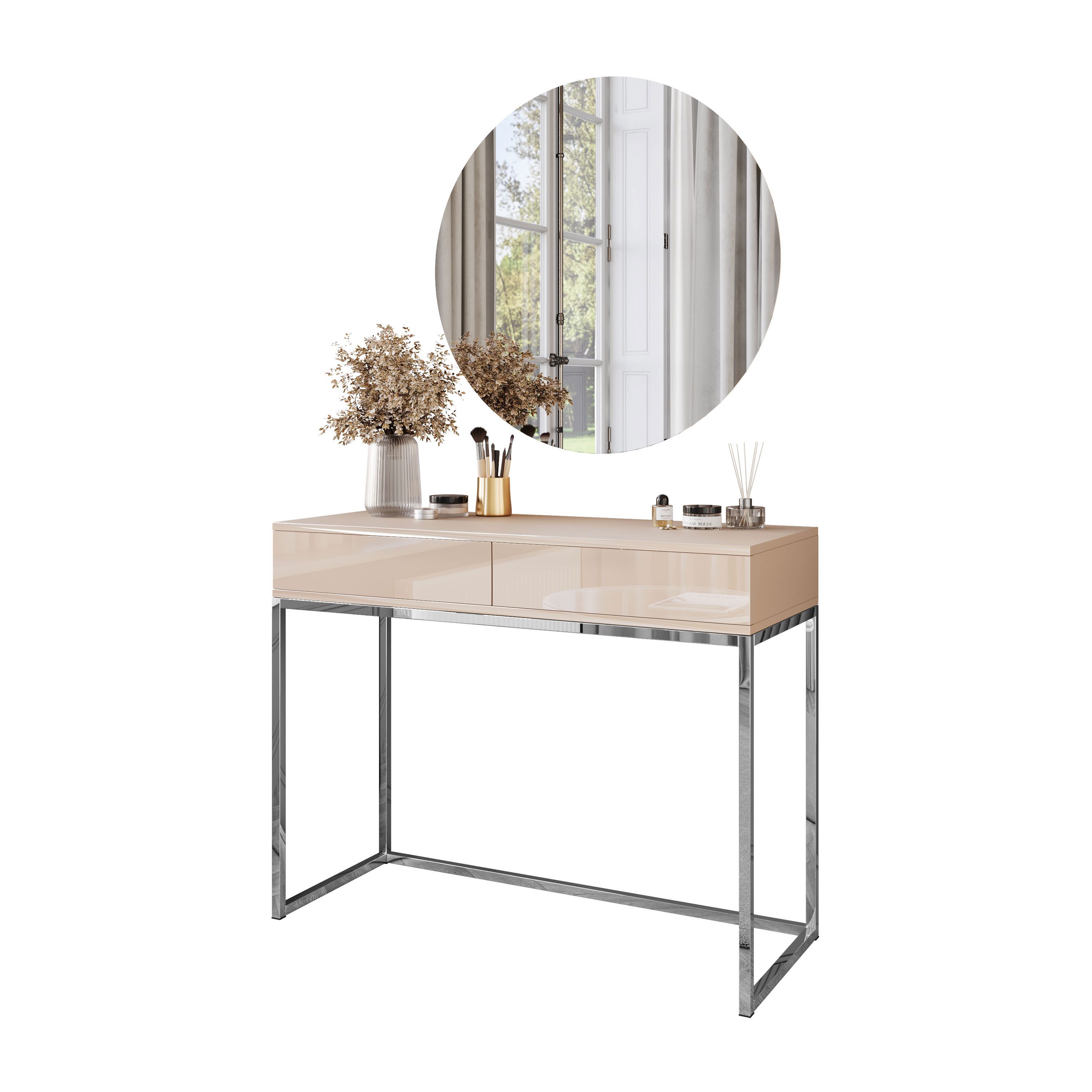 Lookway Schminktisch BLANCO GLAMOUR KASZMIR mit verchromtem Gestell und LED-Spiegel (1x Konsole, 1x Spiegel mit Led Beleuchtung), Breite: 100 cm