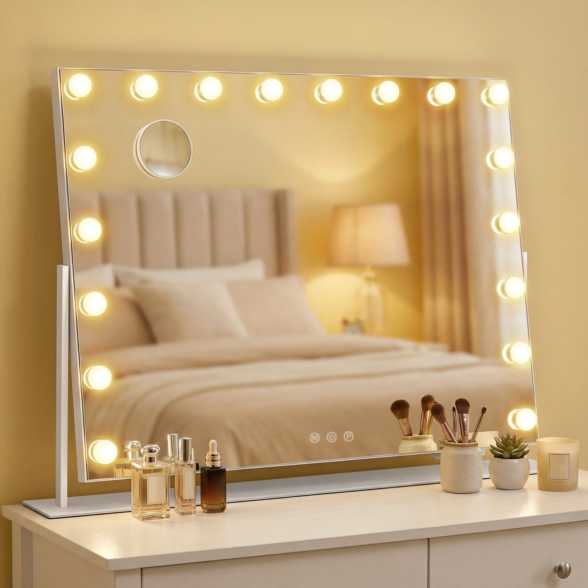 SONGMICS Schminkspiegel mit Beleuchtung, Kosmetikspiegel Touch-Steuerung, dimmbar, Handyhalter, mit 18 LED-Glühbirnen, mit USB-A und USB-C, 80 x 60 cm – Bild 2 von 5