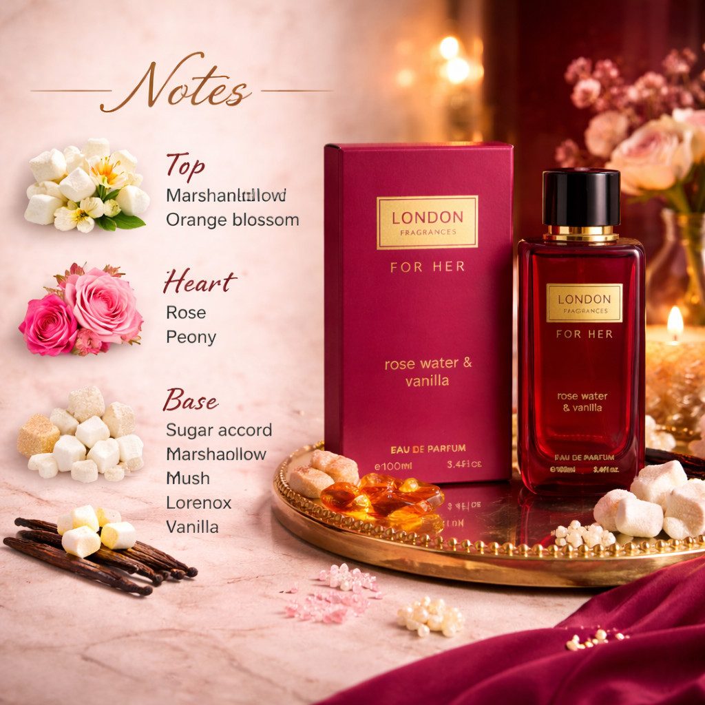 LONDON FRAGRANCES Eau de Parfum London Fragrances For Her Damenduft Rosenwasser & Vanille 100 ml, 1-tlg., Hergestellt in UK, Luxuriöser Damenduft, Langanhaltend