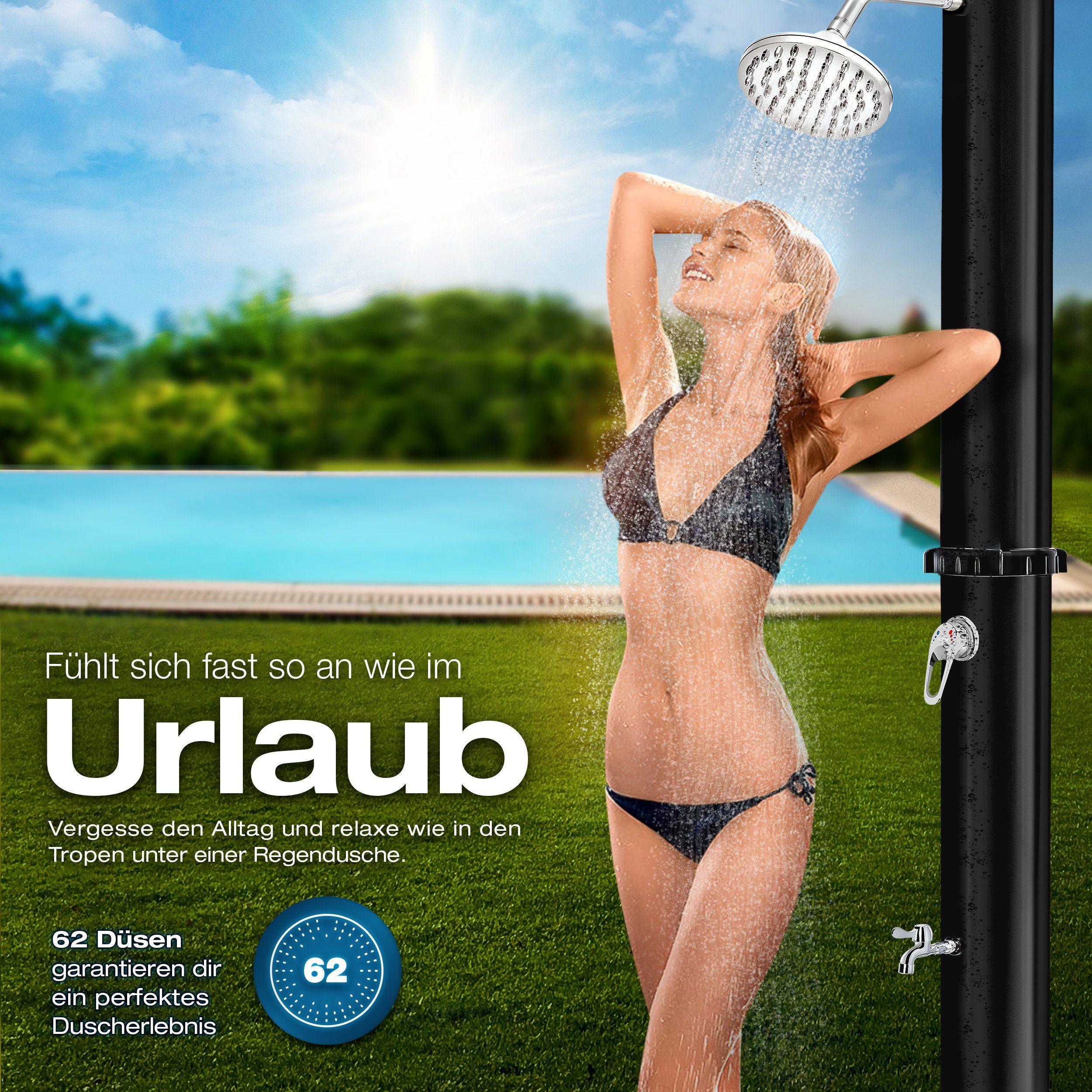 tillvex Solardusche Solar Gartendusche 20 Liter inklusive Schutzhaube Solar Garten-dusche, warmes Wasser, Pooldusche Camping, ohne Stromanschluss