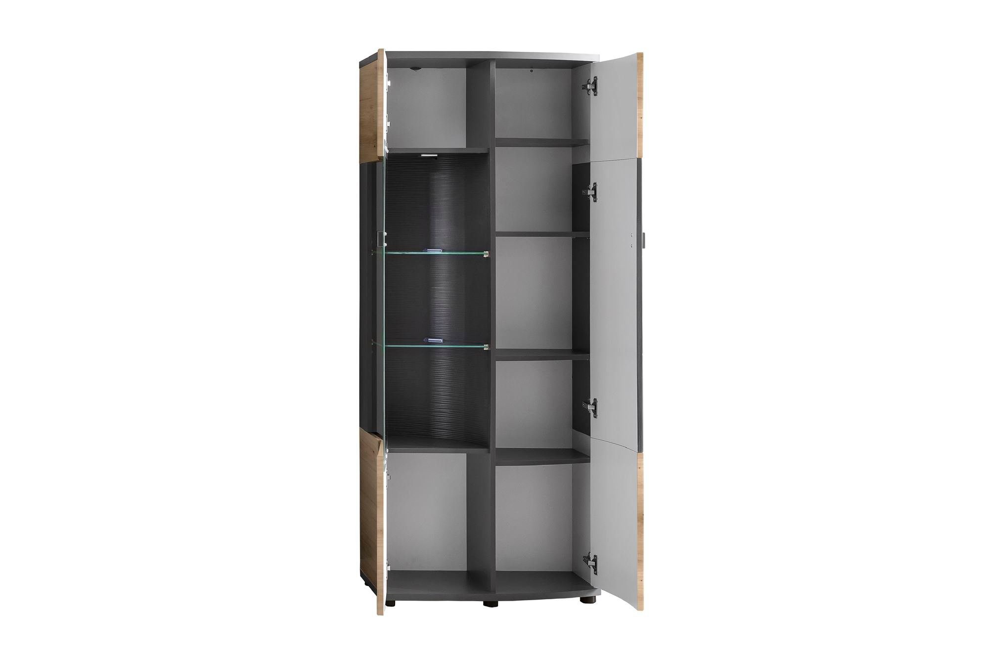 58 aufm Kessel Vitrine Vitrinenschrank Jacinthe 70x171x37 Eiche/Anthrazit/Anthrazit HG 10189 (Sparset, 1-St) Türen mit Selbsteinzug und Dämpfung | Vitrinenschränke