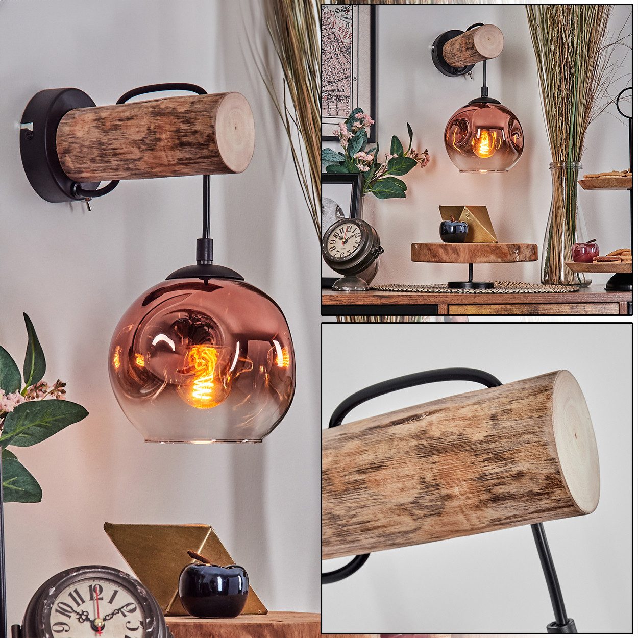 hofstein Wandleuchte Wandlampe aus Holz/Metall/Glas in Schwarz/Natur/Kupfer/Klar, ohne Leuchtmittel, Glasschirm (15cm), mit An/-Auschalter, 1 x E27, ohne Leuchtmittel