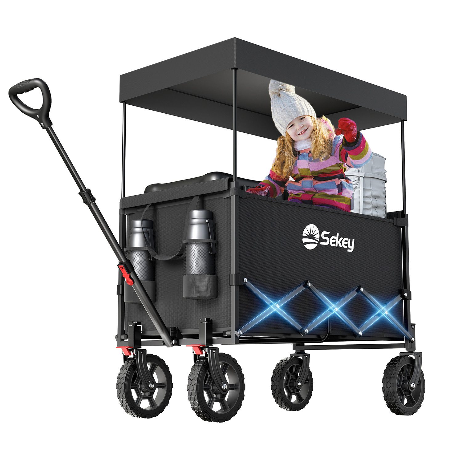 Sekey Bollerwagen Bollerwagen Faltbar mit Dach, 150L Handwagen Tragfähigkeit von 150 kg, Klappbarer Transportwagen mit Sonnenschutz für Ausflug Strand Camping