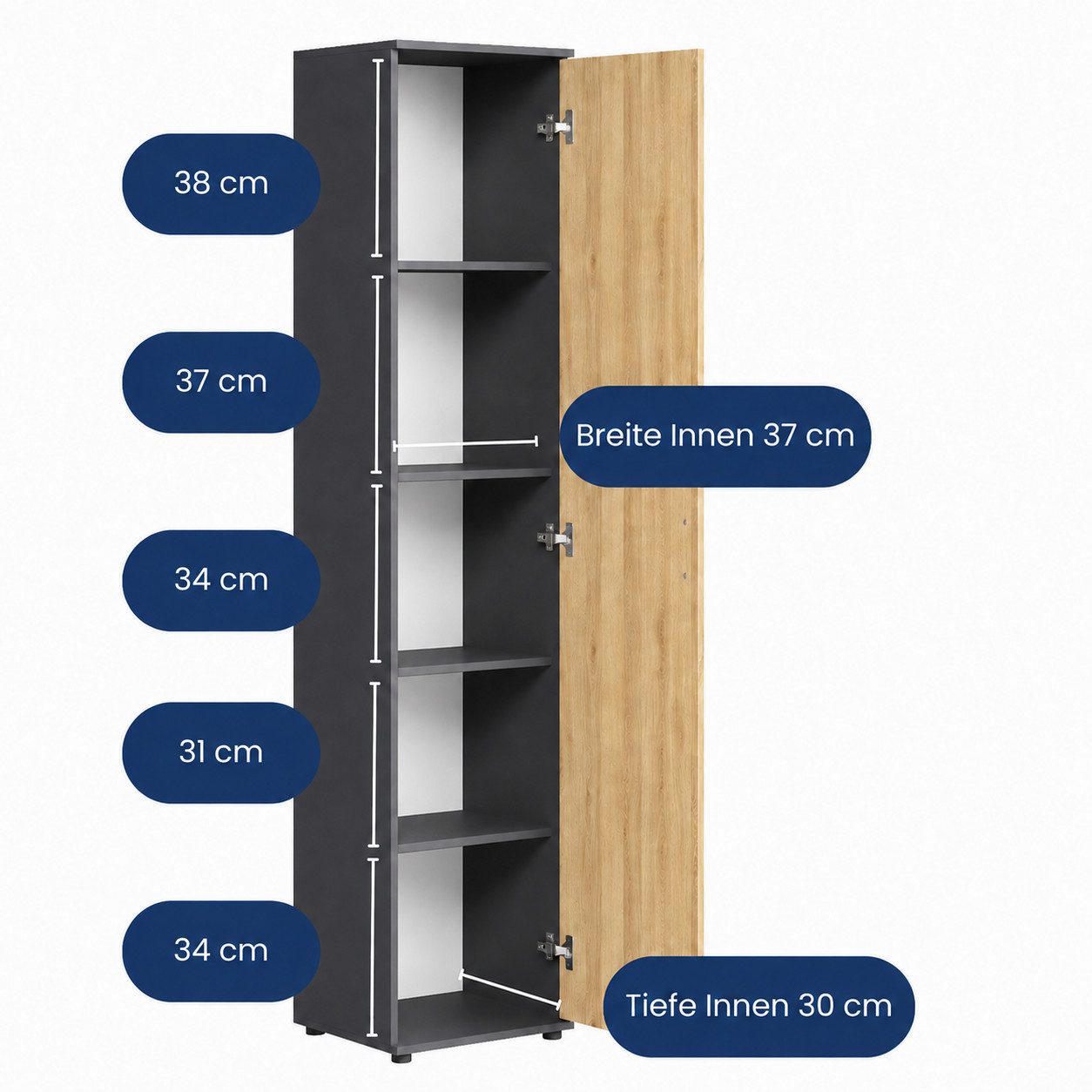 Home Collective Mehrzweckschrank Schmaler Schrank 40 cm breit mit 1 Tür & 4 Einlegeböden (Universalschrank Haushaltsschrank für Haushalt, Flur, Büro oder Schlaf – Bild 3 von 5