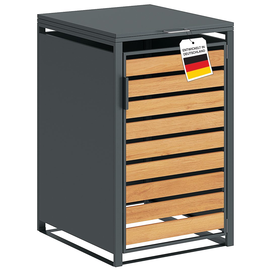STEELSØN Mülltonnenbox Kestra 240L aus verzinktem Stahl (Anthrazit/Holz, verfügbar mit 1, 2, 3, 4, oder 5 Türen), für 1 Tonne, mit Sichtstreifen Holzoptik
