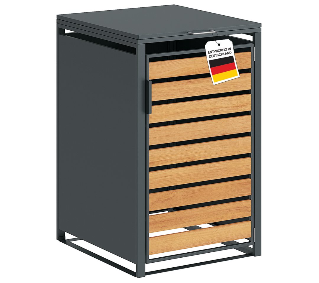 STEELSØN Mülltonnenbox Kestra 120L aus verzinktem Stahl (Anthrazit/Holz, Für 1 Tonne), verfügbar mit 1, 2, 3, 4 oder 5 Türen, mit Sichtstreifen Holzoptik