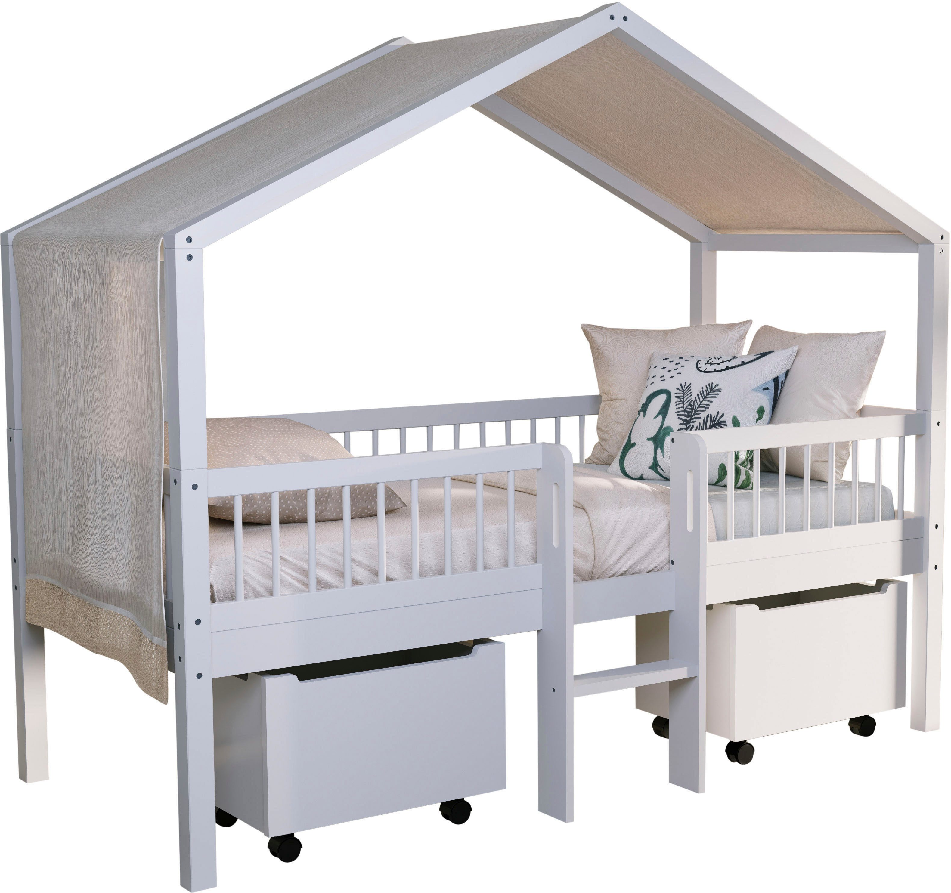 Vipack Hausbett Inkl. Dachaufbau, Leiter und Rolllattenrost, Made in Europe (wahlweise mit und ohne dekorativem Textilhimmel erhältlich), hochwertig und stabil bebaut, Buche massiv weiß lackiert