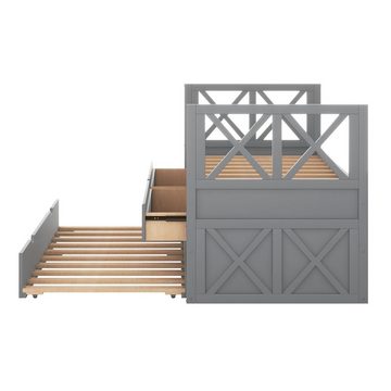 SOFTWEARY Einzelbett Holzbett mit 2. Schlafgelegenheit, Lattenrost und 2 Schubladen (90x200 cm), aus Kieferholz