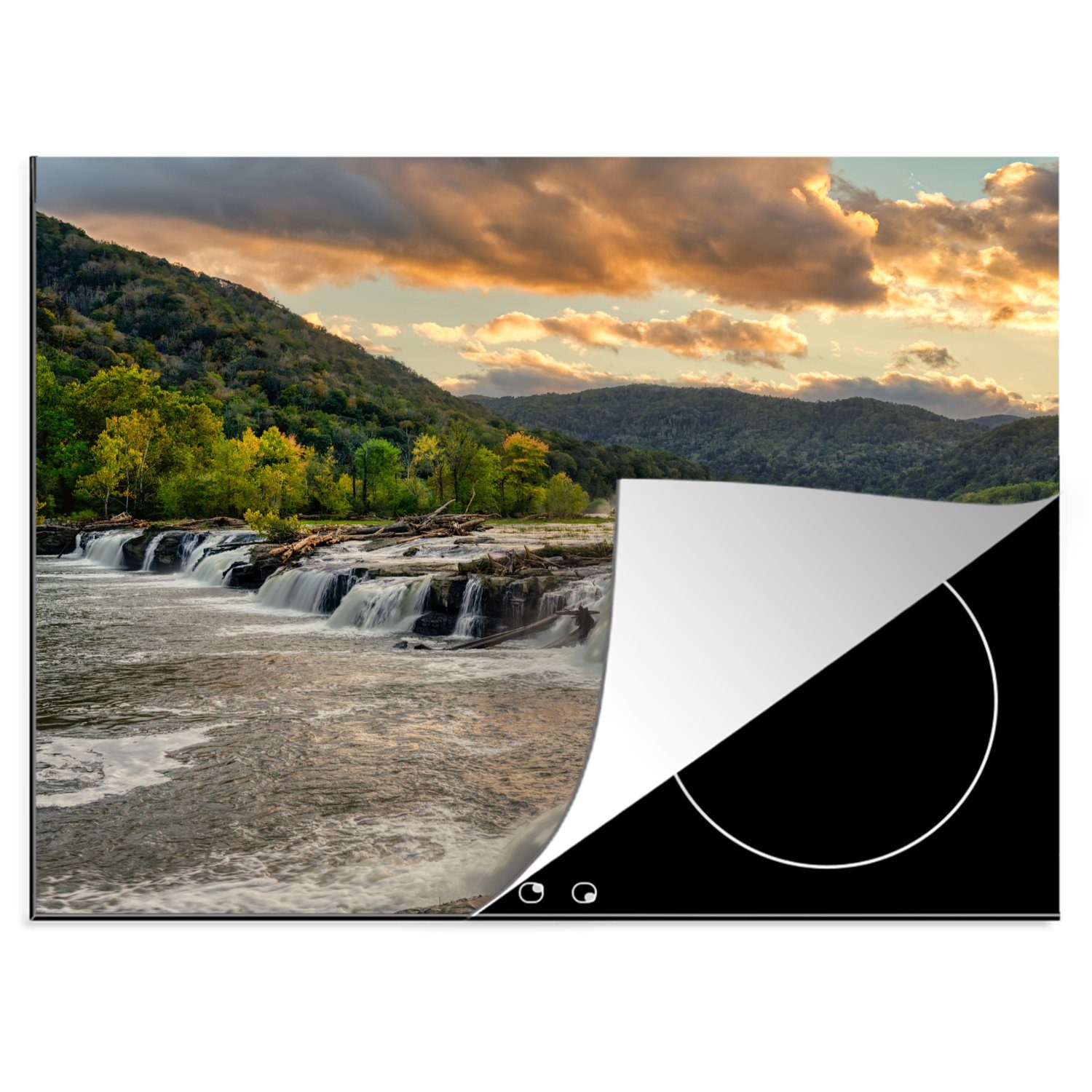 MuchoWow Herdblende-/Abdeckplatte Kleine Wasserfälle münden in einen Fluss in West Virginia, Vinyl, (1 tlg), 70x52 cm, Mobile Arbeitsfläche nutzbar, Ceranfeldabdeckung