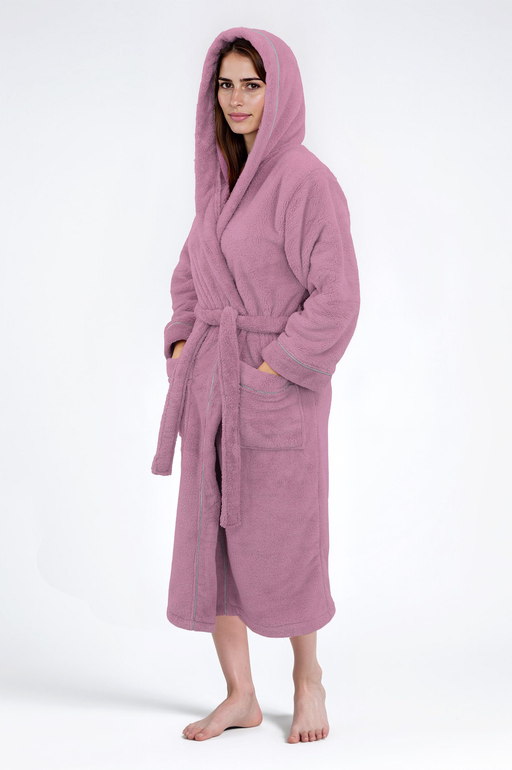 OTTO home Unisex-Bademantel Lillou, ideal für Sauna & Spa, Hotelbademantel, Morgenmantel, Langform, Microfaser, Kapuze, Gürtel, kuschelig weicher Fleece, plüsch, für Damen und Herren, XS-3XL
