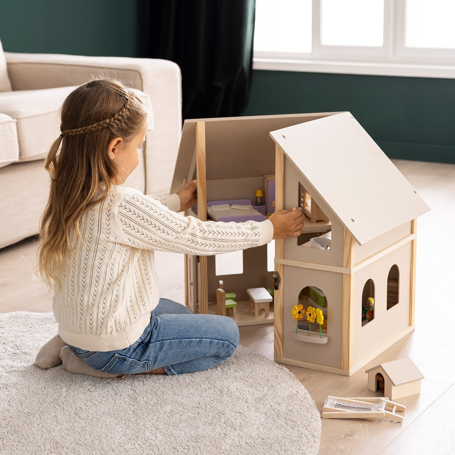 howa Puppenhaus, aus Holz klappbar inkl. 30tlg. Möbelset, 4 Puppen und Hund