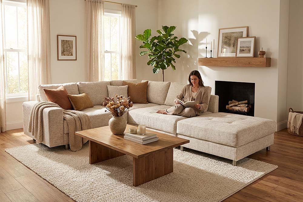 riess-ambiente Ecksofa KENT 220cm champagner/beige - Strickstoff, inkl. Hocker, Rundumbezug, Set 1 Teile, Moderne Wohnlandschaft - ideal für Wohnzimmer, TV-Ecke und Lesen