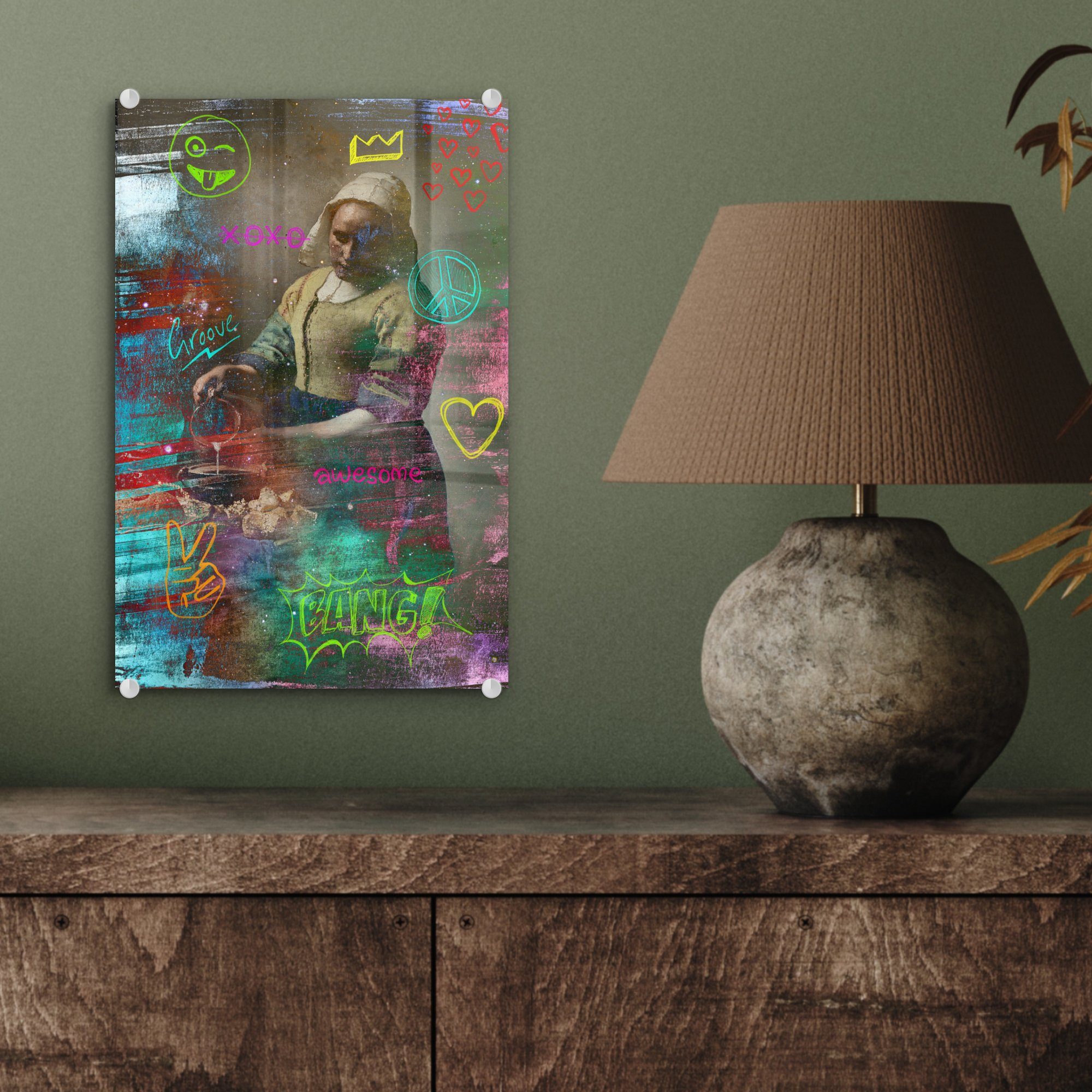 MuchoWow Acrylglasbild Milchmädchen - Johannes Wandbild Glas - Glasbilder auf St), Foto Vermeer - bunt Glas Bilder auf Graffiti, Wanddekoration (1 - 
